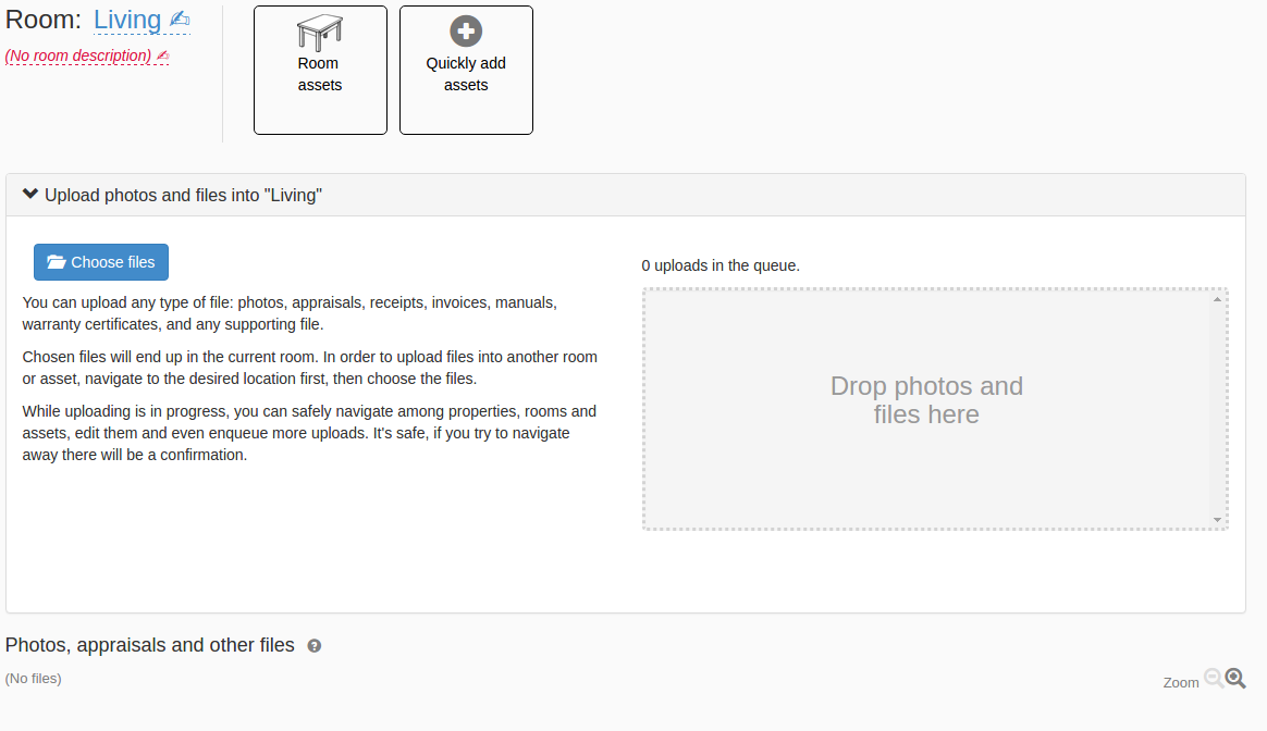 The upload UI within the "Living" room