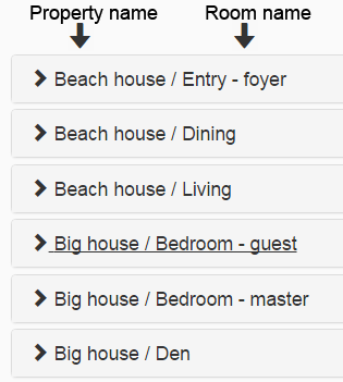 5 panels with property name and room name