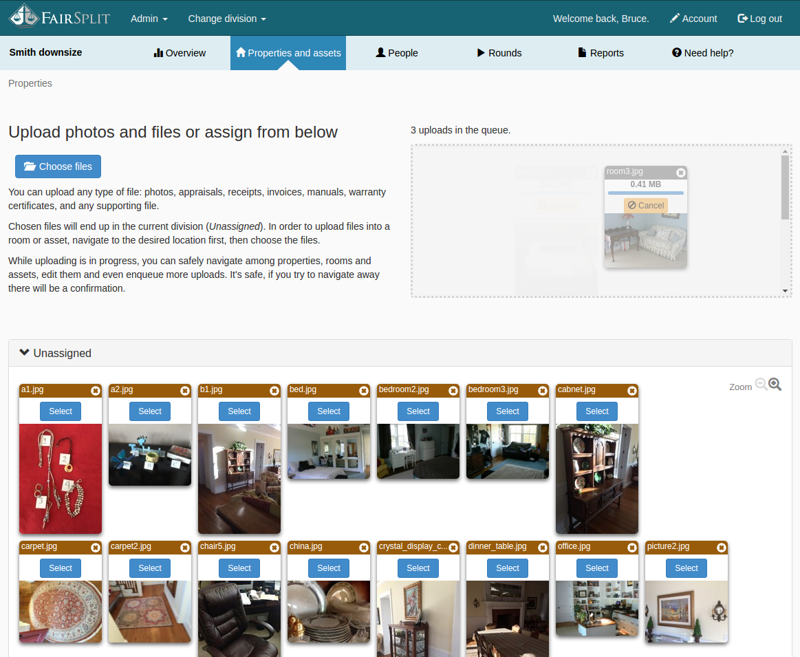 Uploaded photos appear on the **Unassigned** panel