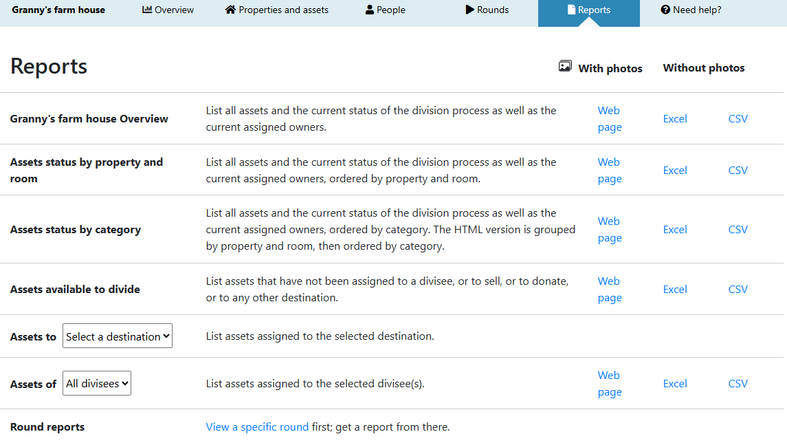 The reports page