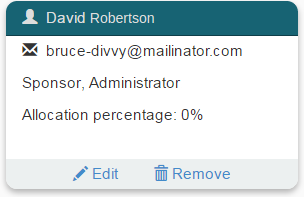 One user profile with name, email, roles, and allocation percentage