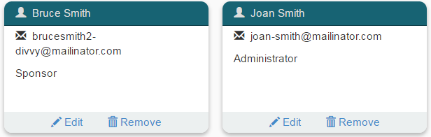 Two user profiles with name, email, and role