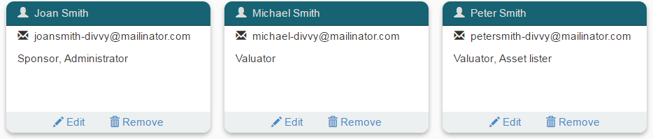 Three user profiles with name, email and role/s