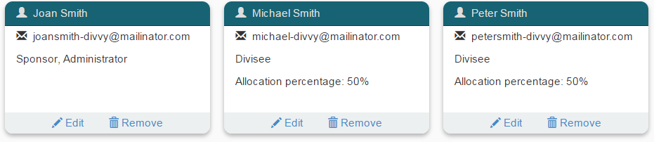 Three user profiles with name, email, role/s, and allocation percentage