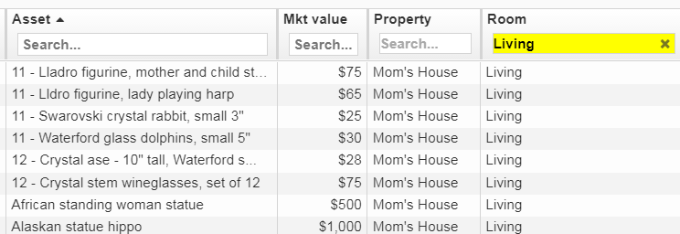 A grid ordered by asset name