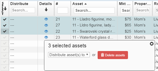 Grid with 3 selected assets