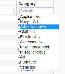 The open selection of categories on the Category column