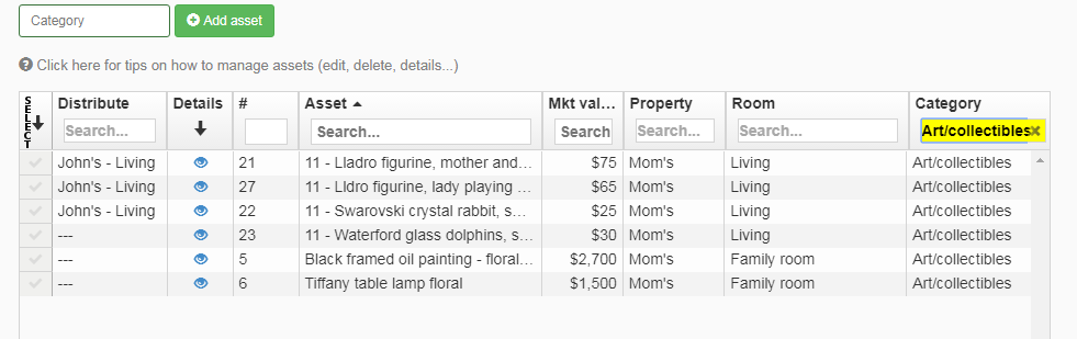 The grid filtered by a category