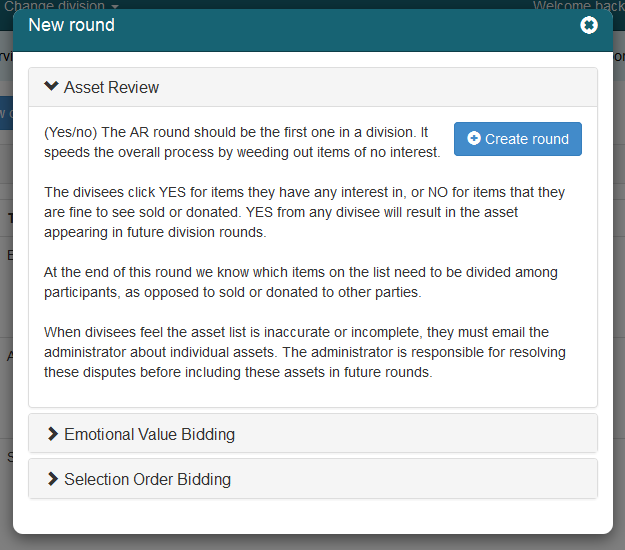 The "Asset Review" panel with a "Create round" button