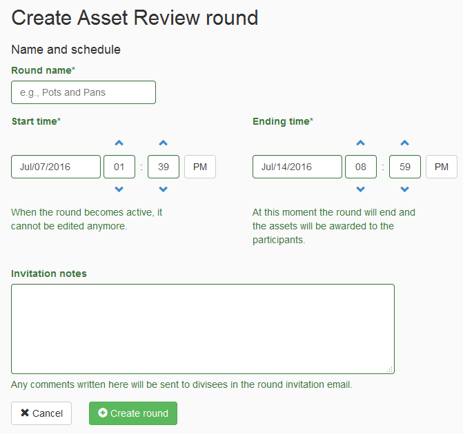 The form with round name, schedule, and invitation notes