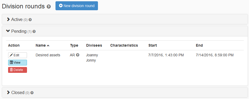 The "Division rounds" page with a Pending AR round