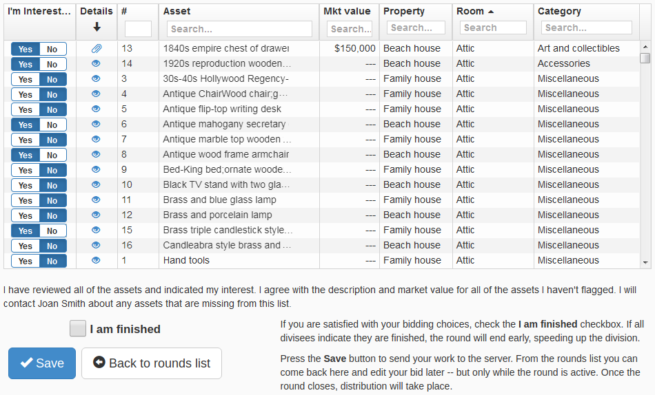The Asset Review round bidding page