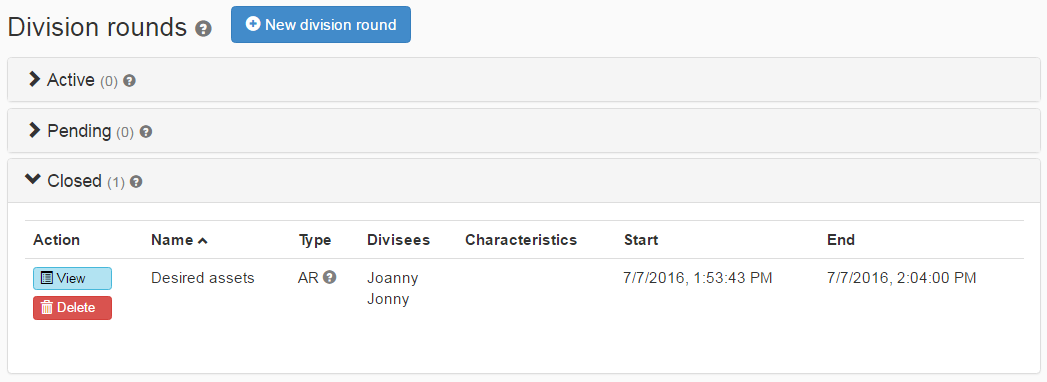 The "Division rounds" page showing a closed round