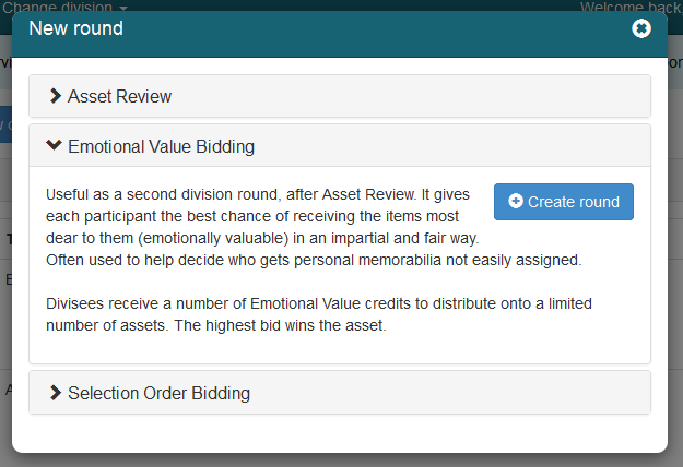The "New round" popover displaying the "EV Bidding" panel with the "Create round" button