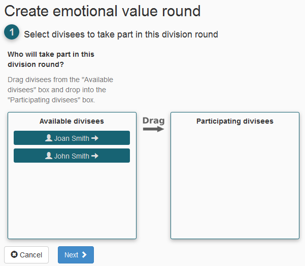 The "Create EV round" panel with UI for divisee selection