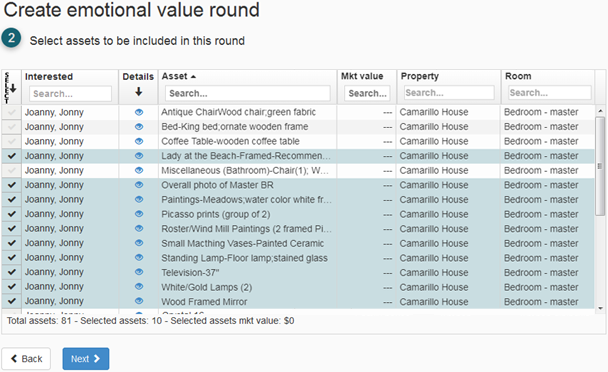 The asset selection form
