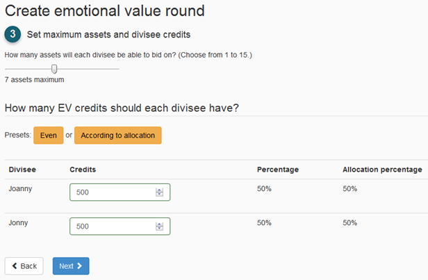 The UI to set maximum assets and divisee credits