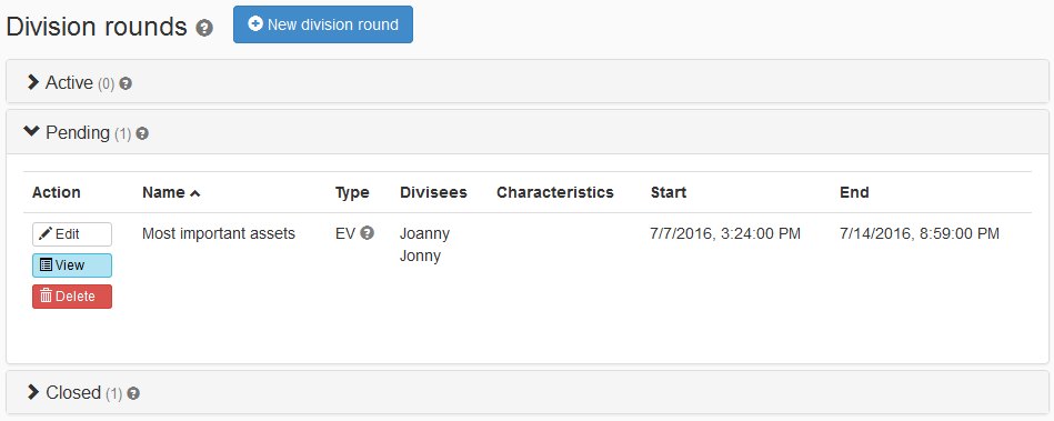 The Division rounds page with a pending EV round