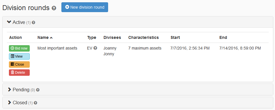 The "Division rounds" page with an active EV round