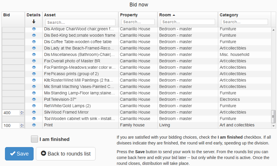 The "Bid now" page  with the "Save" button 