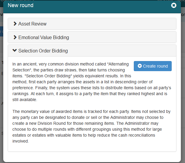 The "SO Bidding" panel with the "Create round" panel