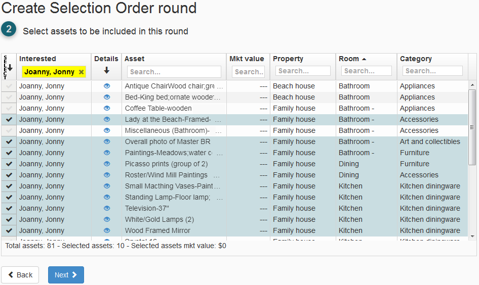 The "Create SO round" panel displaying an asset selection form with the "Next" button