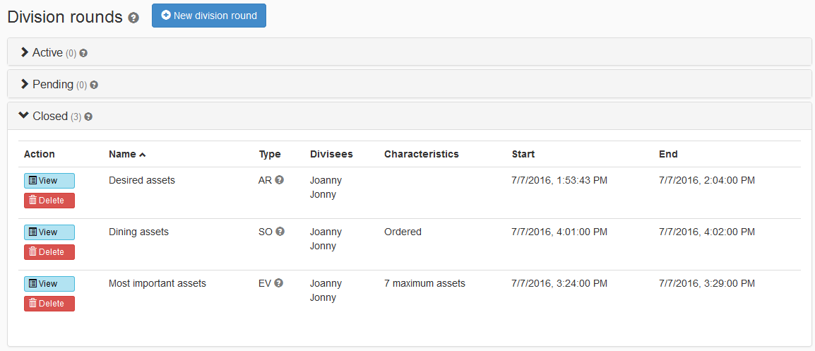 The "Division rounds" page with the Closed panel displaying the round report