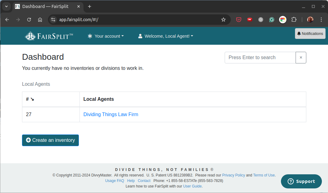The "Divisions" page with the "Create an inventory" button