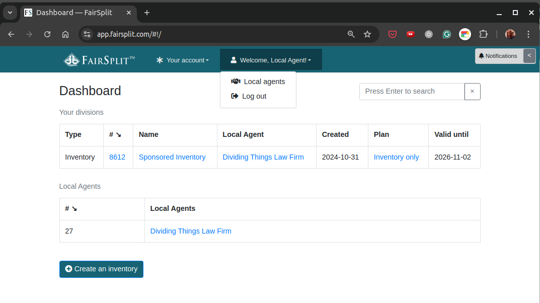 The Divisions page with the menu open