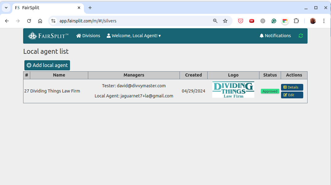 The Divisions page with a list of local agents and a "Details" button for each