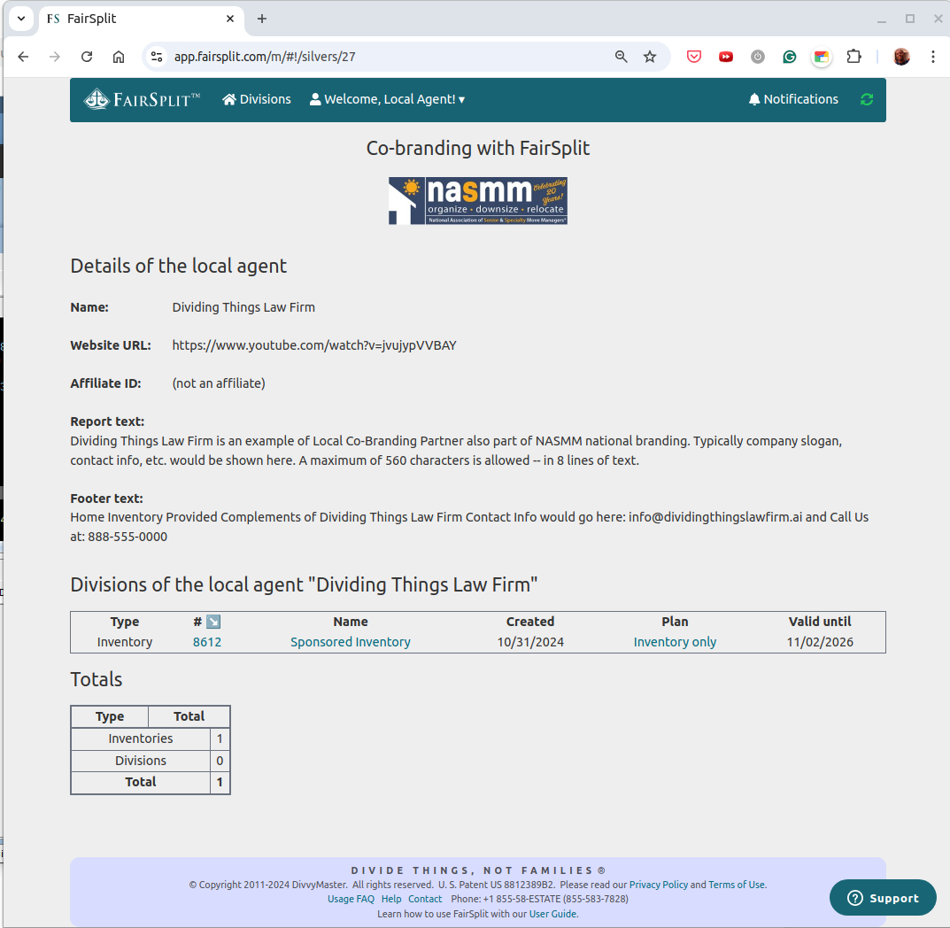 The Divisions page with the details of the local agent and a list of the co-branded inventories
